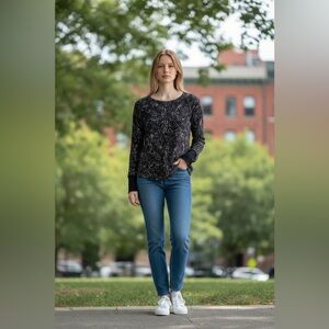 Knox Rose Black Paisley Print Waffle Knit Long Sleeve Top, Women’s Size M